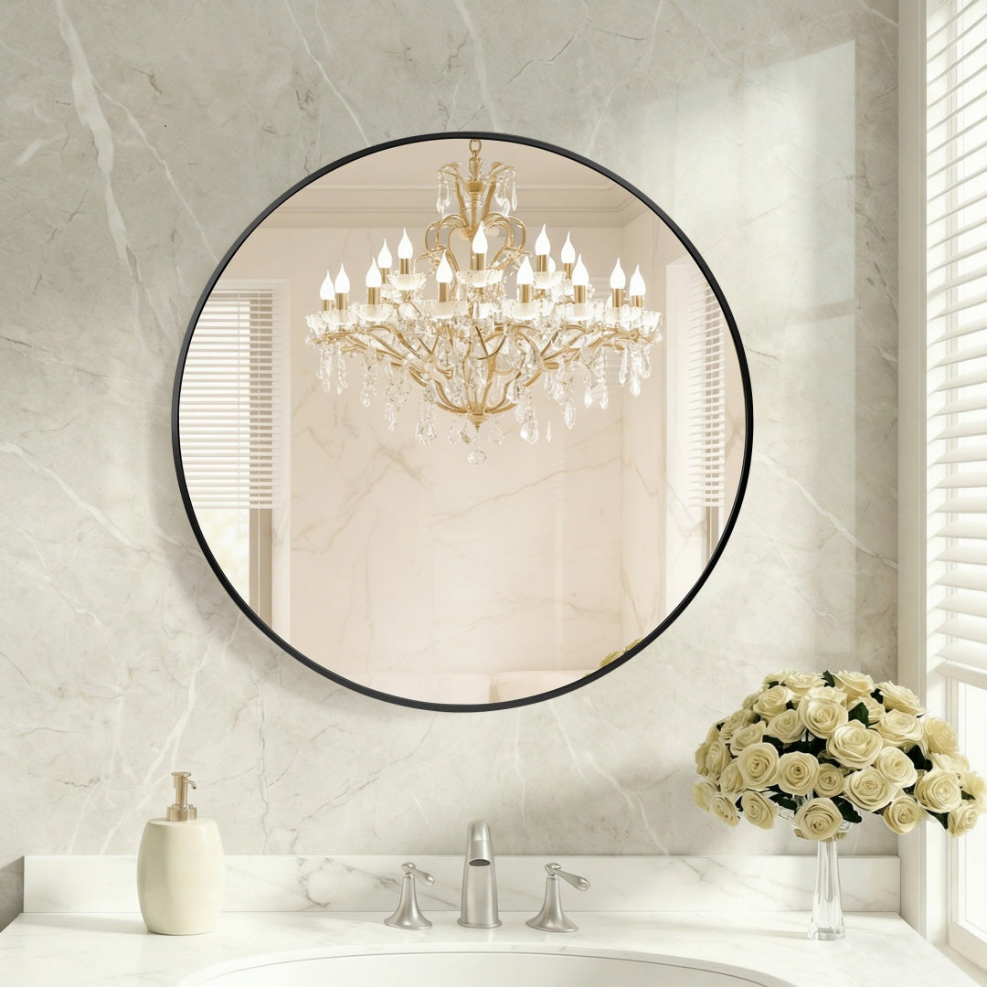 Round Wall Mirror 24 Inch, Black Aluminum Frame Circle Mirror for Bathroom Vanity, Entryway, Bedroom and Living Room