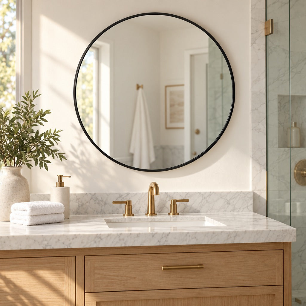 Round Wall Mirror 24 Inch, Black Aluminum Frame Circle Mirror for Bathroom Vanity, Entryway, Bedroom and Living Room