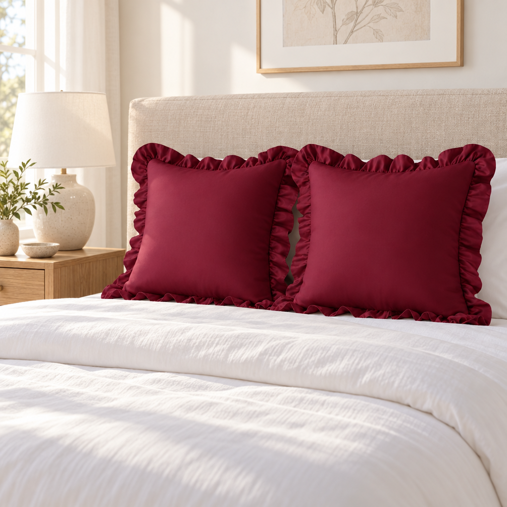 Ruffle Throw Pillow Covers, 18 x 18 Inch, Set of 2, Burgundy Polyester with Envelope Closure, Ruffled Pillow Cases for Bed and Sofa