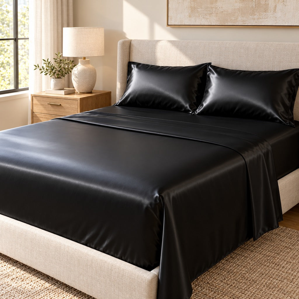 Satin Sheet Set Queen, 4 Piece, Black, 90 GSM Polyester Satin, 15 Inch Deep Pocket Fitted Sheet, Flat Sheet, 2 Pillowcases, Wrinkle and Fade Resistant