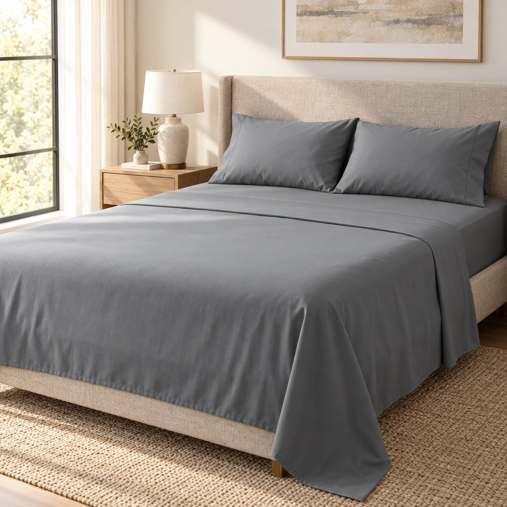 Brushed Microfiber Sheet Set King, 4 Piece, Grey, 90 GSM, 14 Inch Deep Pocket Fitted and Flat Sheet, 2 Pillowcases, Wrinkle and Fade Resistant