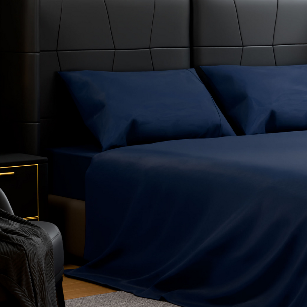 Brushed Microfiber Sheet Set King, 4 Piece, Navy Blue, 90 GSM, 14 Inch Deep Pocket Fitted and Flat Sheet, 2 Pillowcases, Wrinkle and Fade Resistant