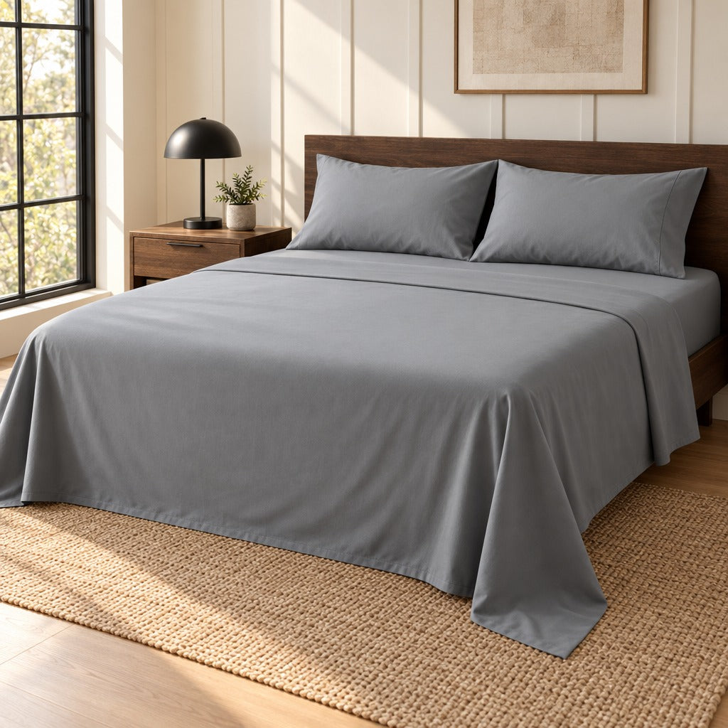 Brushed Microfiber Sheet Set Queen, 4 Piece, Grey, 90 GSM, 14 Inch Deep Pocket Fitted and Flat Sheet, 2 Pillowcases, Wrinkle and Fade Resistant