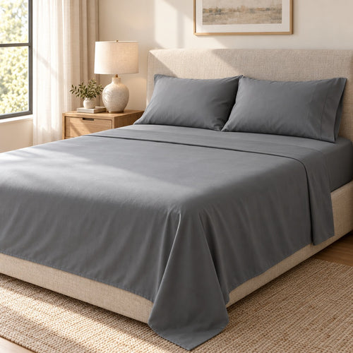 Brushed Microfiber Sheet Set Queen, 4 Piece, Grey, 90 GSM, 14 Inch Deep Pocket Fitted and Flat Sheet, 2 Pillowcases, Wrinkle and Fade Resistant