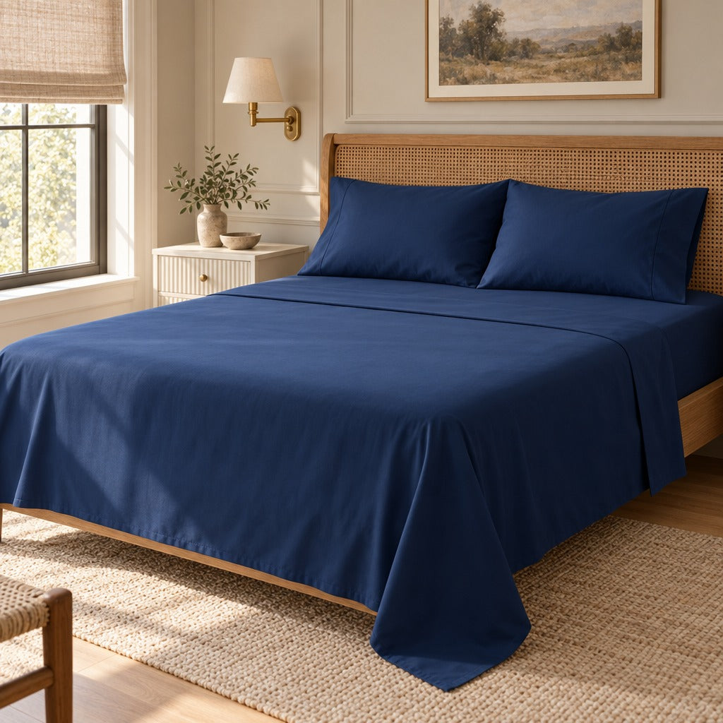 Brushed Microfiber Sheet Set Queen, 4 Piece, Navy Blue, 90 GSM, 14 Inch Deep Pocket Fitted and Flat Sheet, 2 Pillowcases, Wrinkle and Fade Resistant