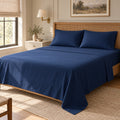 Brushed Microfiber Sheet Set Queen, 4 Piece, Navy Blue, 90 GSM, 14 Inch Deep Pocket Fitted and Flat Sheet, 2 Pillowcases, Wrinkle and Fade Resistant