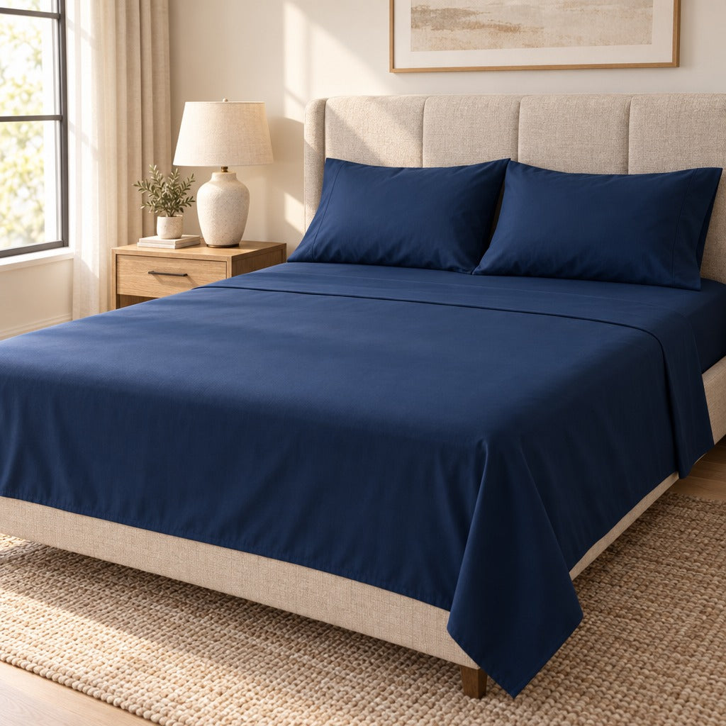 Brushed Microfiber Sheet Set Queen, 4 Piece, Navy Blue, 90 GSM, 14 Inch Deep Pocket Fitted and Flat Sheet, 2 Pillowcases, Wrinkle and Fade Resistant