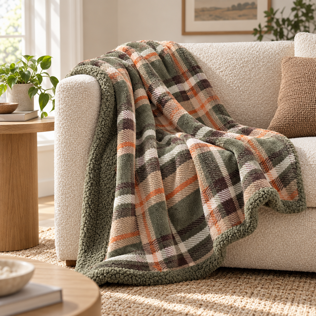 Sherpa Throw Blanket, 50 x 70 Inch, Green Plaid, Reversible Plush to Sherpa Throw for Couch, Sofa and Bed, Oversized Plaid Blanket for Living Room