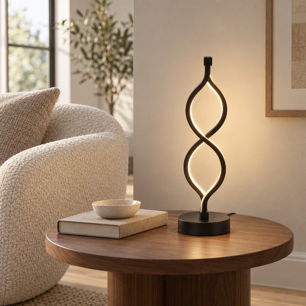 Table Lamp in a Modern Wave Shape, Spiral Acrylic LED Lamp with 3 Light Colors, USB Powered