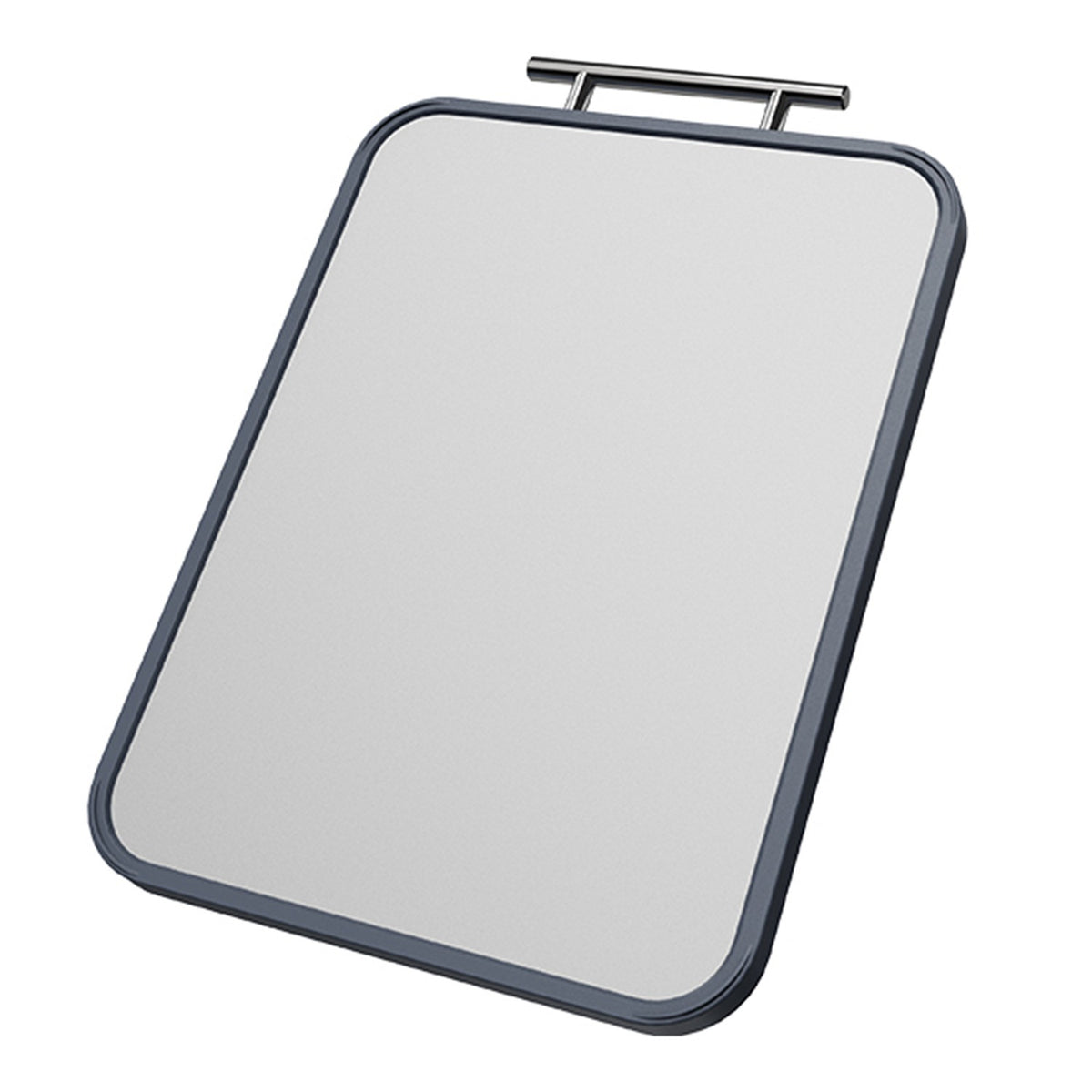 Titanium cutting board with grey rim and bar handle on a white background
