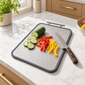 Titanium Cutting Board 17.5 x 11 Inch, Metal Prep Board with Bar Handle, Grey Rim and Rounded Corners for Meat, Vegetables and Bread