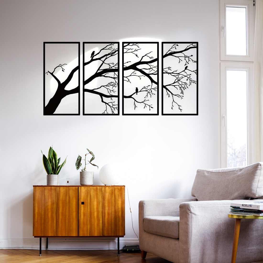 Tree of Life Metal Wall Art Set of 4, Black Iron Tree Branch Wall Decor Panels for Living Room, Bedroom and Above the Sofa