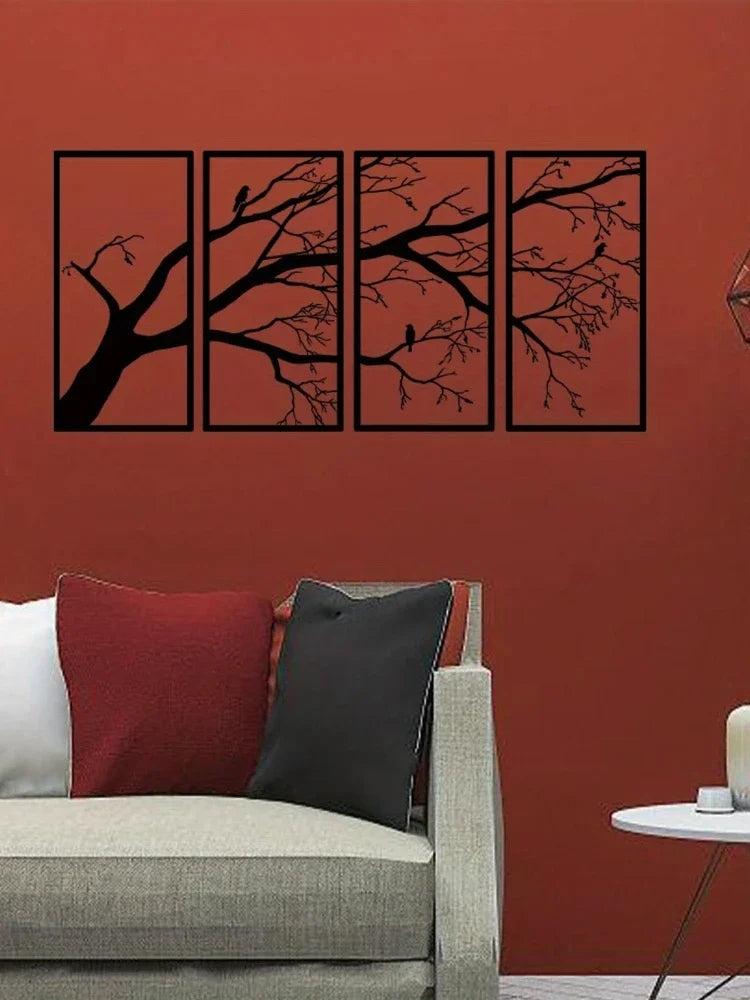 Tree of Life Metal Wall Art Set of 4, Black Iron Tree Branch Wall Decor Panels for Living Room, Bedroom and Above the Sofa