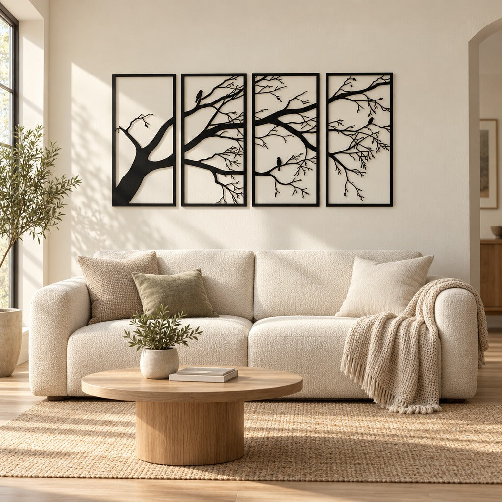 Tree of Life Metal Wall Art Set of 4, Black Iron Tree Branch Wall Decor Panels for Living Room, Bedroom and Above the Sofa