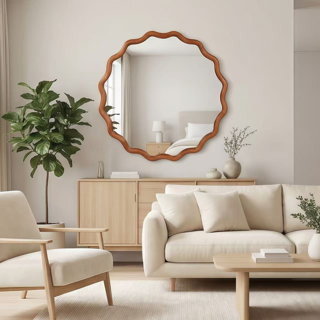 Wavy Round Wall Mirror 24 Inch, Scalloped Wood Frame Decorative Mirror in Brown for Living Room, Entryway, Bathroom and Bedroom