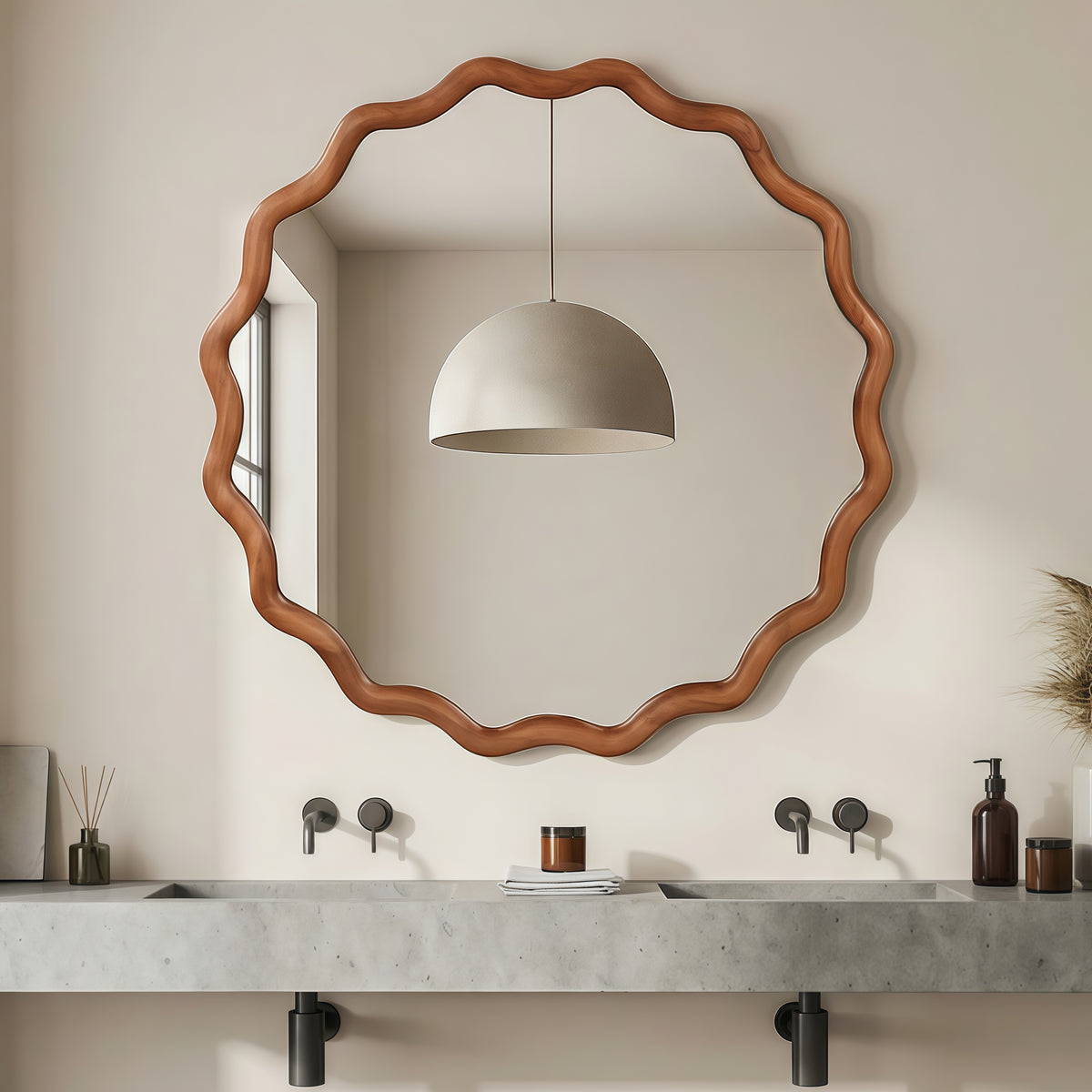 Wavy Round Wall Mirror 24 Inch, Scalloped Wood Frame Decorative Mirror in Brown for Living Room, Entryway, Bathroom and Bedroom