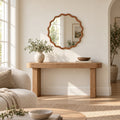 Wavy Round Wall Mirror 24 Inch, Scalloped Wood Frame Decorative Mirror in Brown for Living Room, Entryway, Bathroom and Bedroom