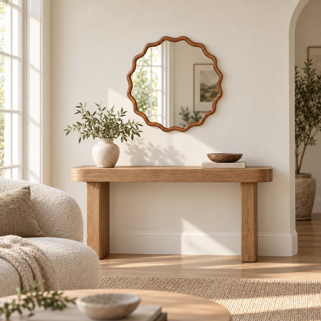 Wavy Round Wall Mirror 24 Inch, Scalloped Wood Frame Decorative Mirror in Brown for Living Room, Entryway, Bathroom and Bedroom
